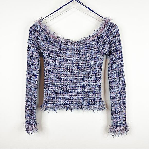 NWT ZARA Frayed Tweed Off the Shoulder Frayed Top S Blue - Picture 2 of 9
